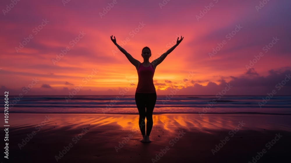 Silhouette of a woman in a yoga balance pose on the beach at sunset, serene ocean waves in the background, warm orange hues, beach yoga, sunset, balance Silhouette of a woman in a yoga balance pose on the beach at sunset, serene ocean waves in the background, warm orange hues, beach yoga, sunset, balance
