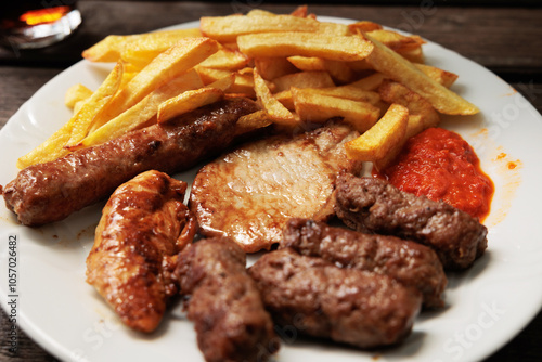 dettagli di un piatto sloveno con grigliata di carne mista e patate fritte e salsa agrodolce, di giorno, a pranzo photo