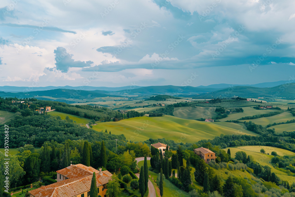 Tuscan estate aerial view, rolling hills backdrop Tuscan estate aerial view, rolling hills backdrop