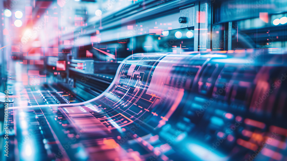 Fototapeta premium Close-up of an advanced printing press in operation, featuring digital interface overlays and glowing circuitry, blending technology with manufacturing