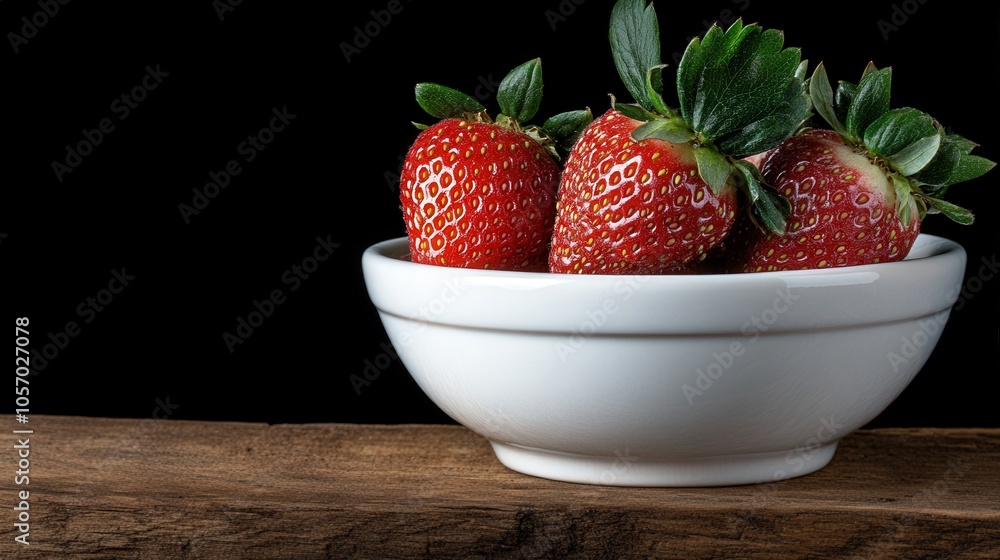Fresh Red Strawberries in White Bowl on Rustic Wooden Table Fresh Red Strawberries in White Bowl on Rustic Wooden Table