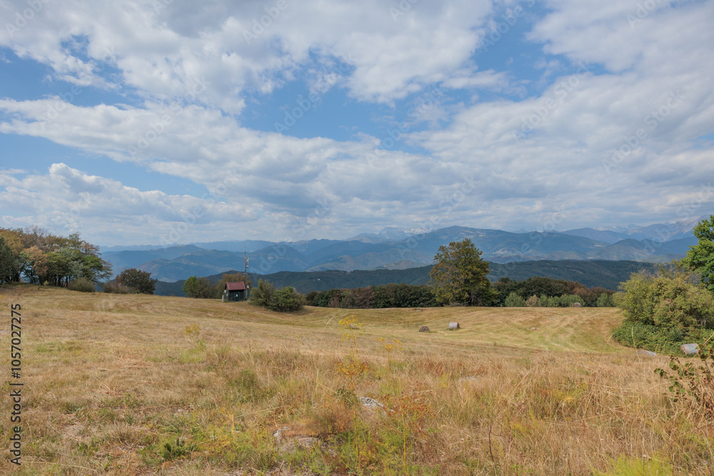 Obraz premium ampia vista panoramica su un ambiente naturale tra le colline e le montagne della Slovenia occidentale, di pomeriggio, in estate