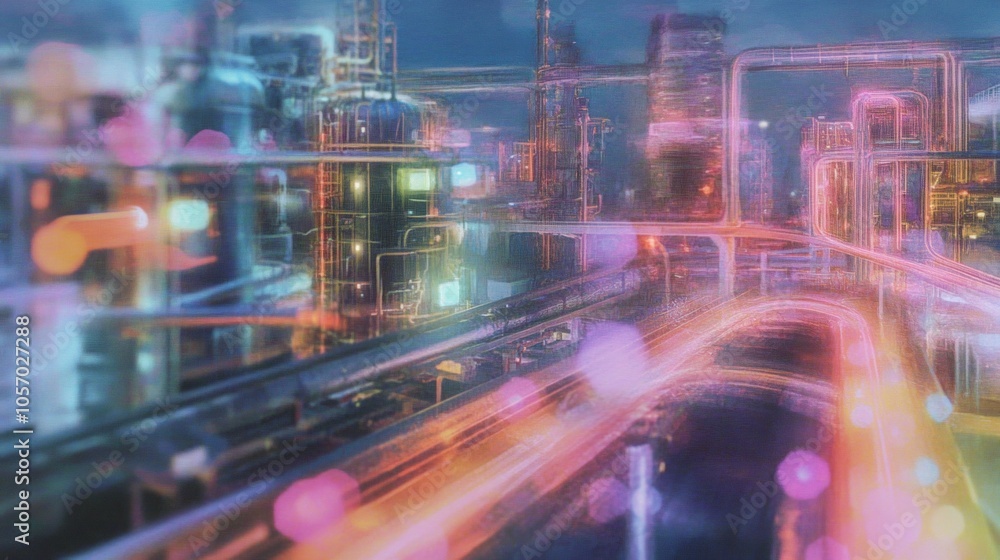 A vibrant, futuristic industrial cityscape featuring neon light trails and glowing structures, creating a dynamic, cyberpunk-inspired scene with blurred motion effects.
A vibrant, futuristic industrial cityscape featuring neon light trails and glowing structures, creating a dynamic, cyberpunk-inspired scene with blurred motion effects.