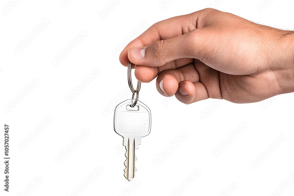 Close up hand holding key isolated on white background Close up hand holding key isolated on white background