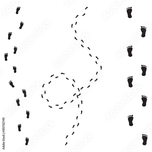 PrintPrint. Vector illustrationBlack footprints on a white background show varied paths: straight, looping, and zigzag. Symbolizes journey and direction. Ideal for travel and decision themes.