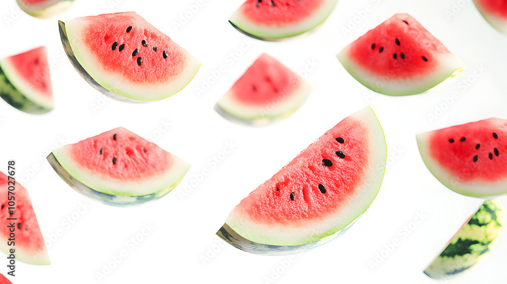 Watermelon slices suspended in mid-air, each with neon outlines for a surreal effect Watermelon slices suspended in mid-air, each with neon outlines for a surreal effect