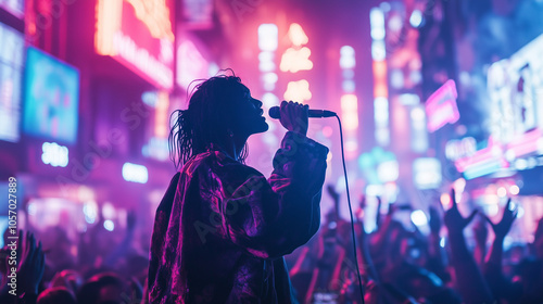 Silhouette Of Vocalist In Neon Lighted Street With Energetic Concert Crowd