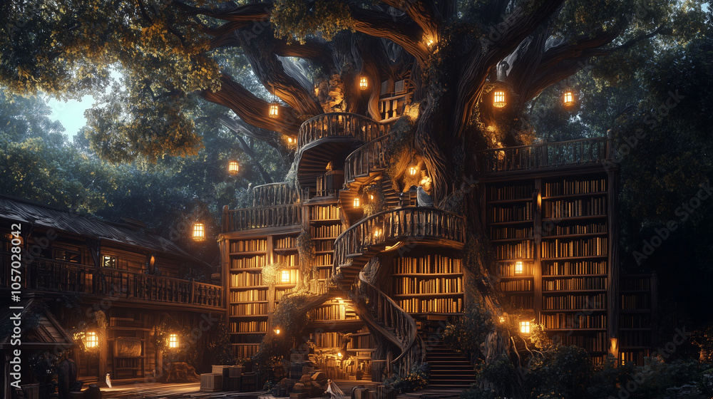 Fototapeta premium Fantasy Tree Library With Winding Stairs And Warm Lights