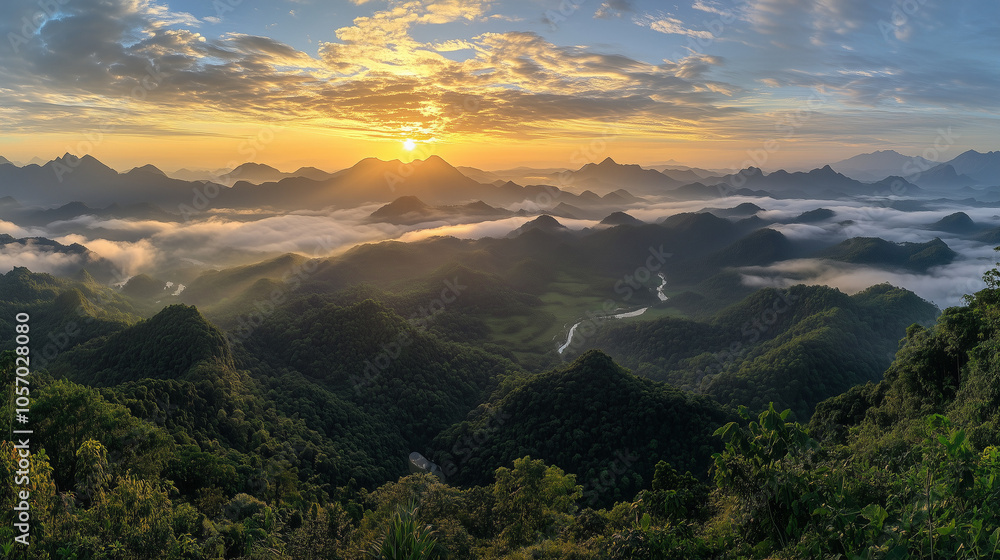 Obraz premium Dreamy Sunrise Over Misty Mountain Ranges With Flowing Rivers And Verdant Valleys
