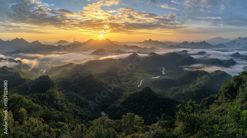 Dreamy Sunrise Over Misty Mountain Ranges With Flowing Rivers And Verdant Valleys