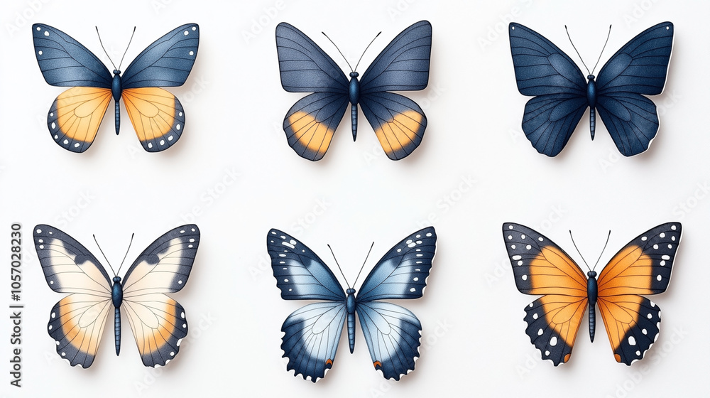 Illustration of six butterflies in various blue and orange color patterns arranged in two horizontal rows on a plain background. Illustration of six butterflies in various blue and orange color patterns arranged in two horizontal rows on a plain background.