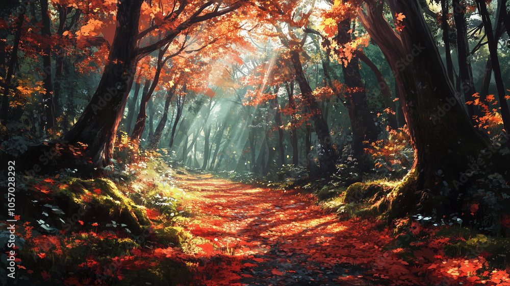 Vibrant Autumn Forest Path With Bright Red And Green Leaves Vibrant Autumn Forest Path With Bright Red And Green Leaves