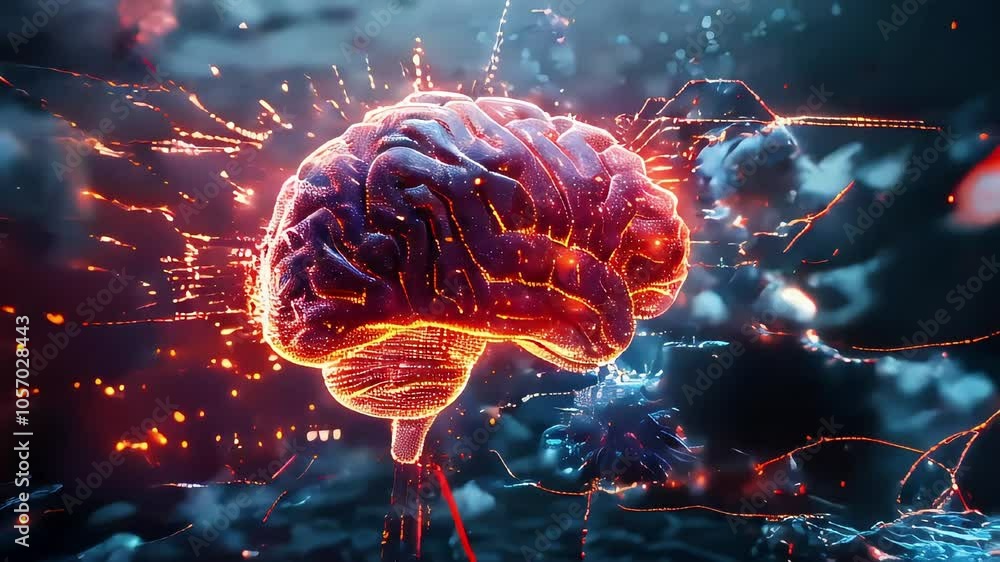 Video of a glowing brain with illuminated neural connections and particles on a dark background. Concept of artificial intelligence and neuroscience, neural networks and brain activity Video of a glowing brain with illuminated neural connections and particles on a dark background. Concept of artificial intelligence and neuroscience, neural networks and brain activity