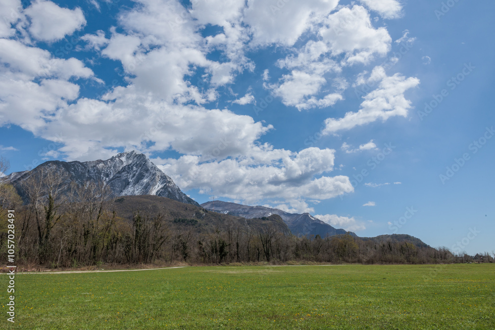 Obraz premium vista panoramica su un ambiente naturale di montagna, in Italia, nel Friuli Venezia Giulia settentrionale, sotto un cielo sereno e azzurro, in primavera