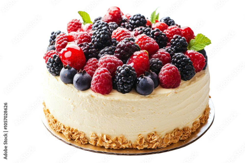 Delicious cheesecake topped with fresh berries and mint leaves, perfect for desserts or special occasions, white isolated background. Delicious cheesecake topped with fresh berries and mint leaves, perfect for desserts or special occasions, white isolated background.