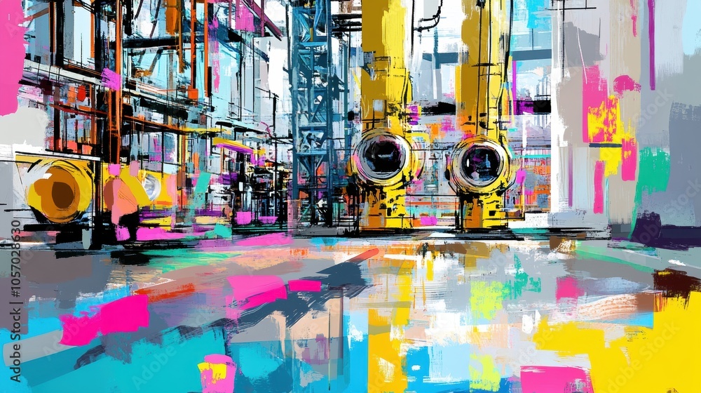 A colorful abstract industrial scene featuring large machinery and vibrant brushstrokes, blending factory elements with expressive modern art techniques.
A colorful abstract industrial scene featuring large machinery and vibrant brushstrokes, blending factory elements with expressive modern art techniques.