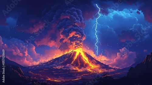 A vibrant volcanic eruption with lightning illuminating the dramatic landscape.