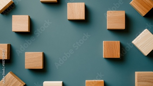 Social network structure with wooden blocks and lines, minimalist design, community and teamwork on blue background photo