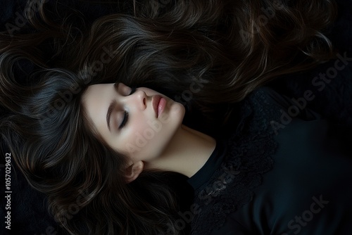 very beautiful lucious shiny brown long hair spread very beautiful out on the black background, high end photography, girl laying on the ground profile ,generative ai photo