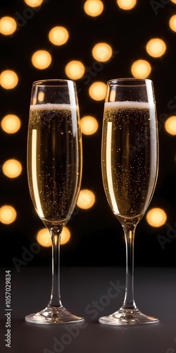 Celebratory champagne flutes with sparkling lights during a festive evening gathering