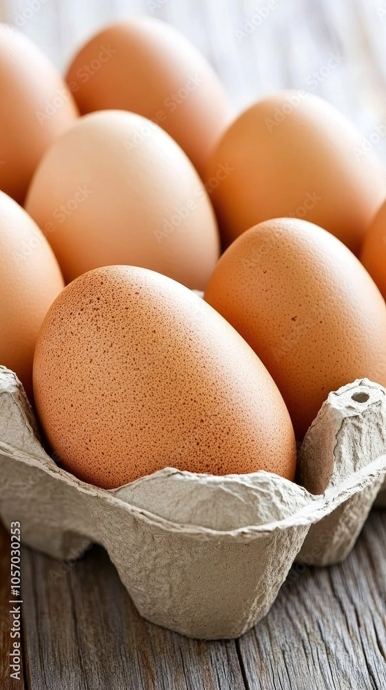 A close-up of a carton filled with fresh brown eggs resting on a rustic wooden table, perfect for your Easter celebration and culinary creations A close-up of a carton filled with fresh brown eggs resting on a rustic wooden table, perfect for your Easter celebration and culinary creations