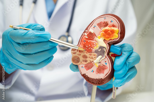 Chronic kidney disease, doctor with model for treatment urinary system, urology, Estimated glomerular filtration rate eGFR.