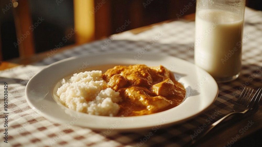 white plate, lots of white rice, chicken in sauce, polenta in milk, table with checkered tablecloth, bright, cinematic environment, generative ai white plate, lots of white rice, chicken in sauce, polenta in milk, table with checkered tablecloth, bright, cinematic environment, generative ai