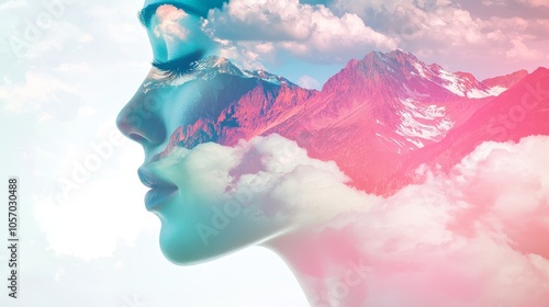 A surreal portrait blending a woman's silhouette with colorful mountains and clouds, representing inner thoughts and emotions.