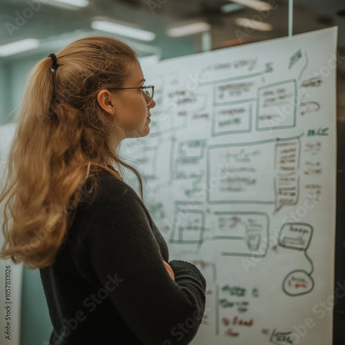 a business woman teaching cyber security on a whiteboard giving a presentation