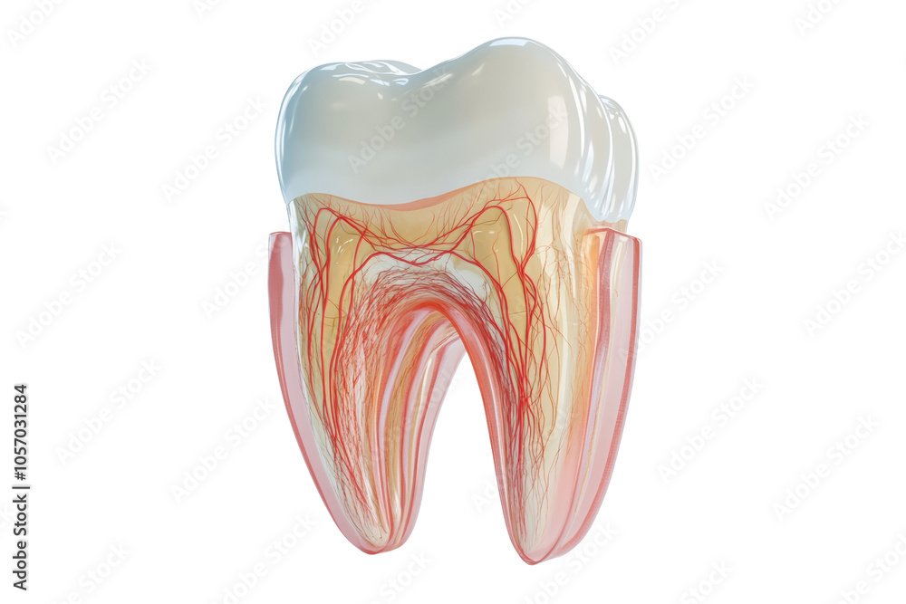 Detailed anatomical representation of a human tooth, showcasing the layers and structure, isolated on a white background. Detailed anatomical representation of a human tooth, showcasing the layers and structure, isolated on a white background.