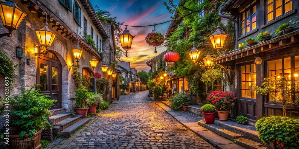 Fototapeta premium Colorful Lanterns Illuminating a Serene Evening Street in a Vibrant Urban Setting