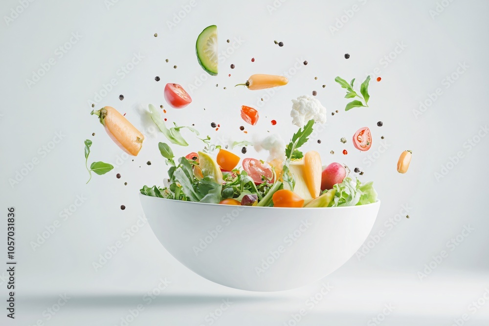 Fresh salad ingredients scattered above a bowl in a modern kitchen setting with vibrant colors and healthy vegetables Fresh salad ingredients scattered above a bowl in a modern kitchen setting with vibrant colors and healthy vegetables