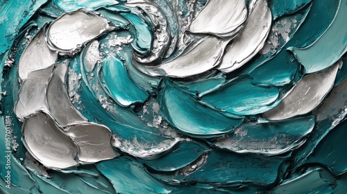 Oceanic Teal and Silver Impasto Abstract An abstract