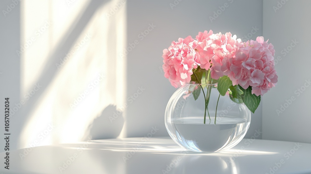 white background, white table, transparent vase with pink white background, white table, transparent vase with pink
