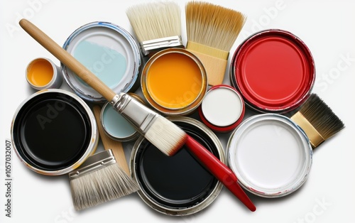 Variety of open paint cans and brushes, top view, colorful artistic arrangement, white background for creative projects