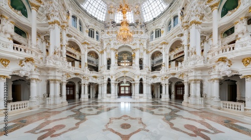 Grand Opulent Ballroom Interior Design   Ornate Chandelier  Marble Floor  Sunlight Streami photo