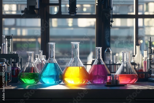 Colorful chemistry experiment in a modern laboratory with glass beakers filled with liquids during daylight hours