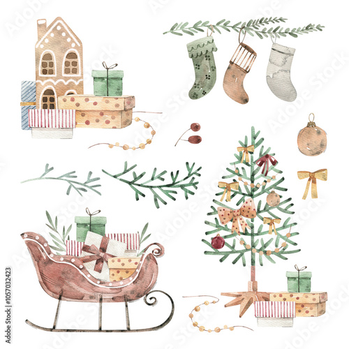 Watercolor Holiday clipart set. Christmas watercolor design. A house with gifts, vintage sleigh, Christmas tree, socks. Png.