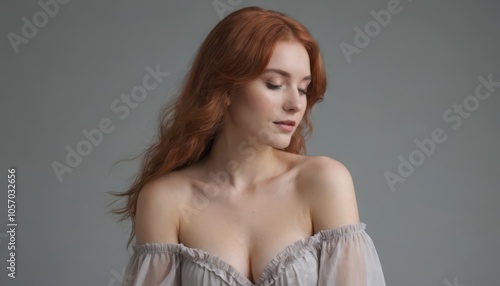 Elegant woman with long red hair, wearing an off-shoulder top, posing with a soft expression.