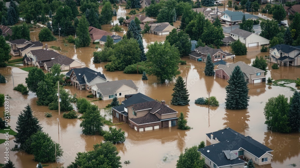Fototapeta premium Aerial view of a flooded neighborhood with submerged homes and trees.