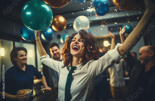 Happy joyful businesswoman celebrating with colleagues business people having party fun in office photo