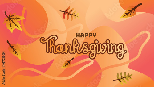Happy Thanksgiving Banner with Fluid Orange Background and Autumn Leaves. web page size template vector illustration
