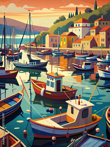 Idyllic Coastal Village with Moored Boats at Sunset