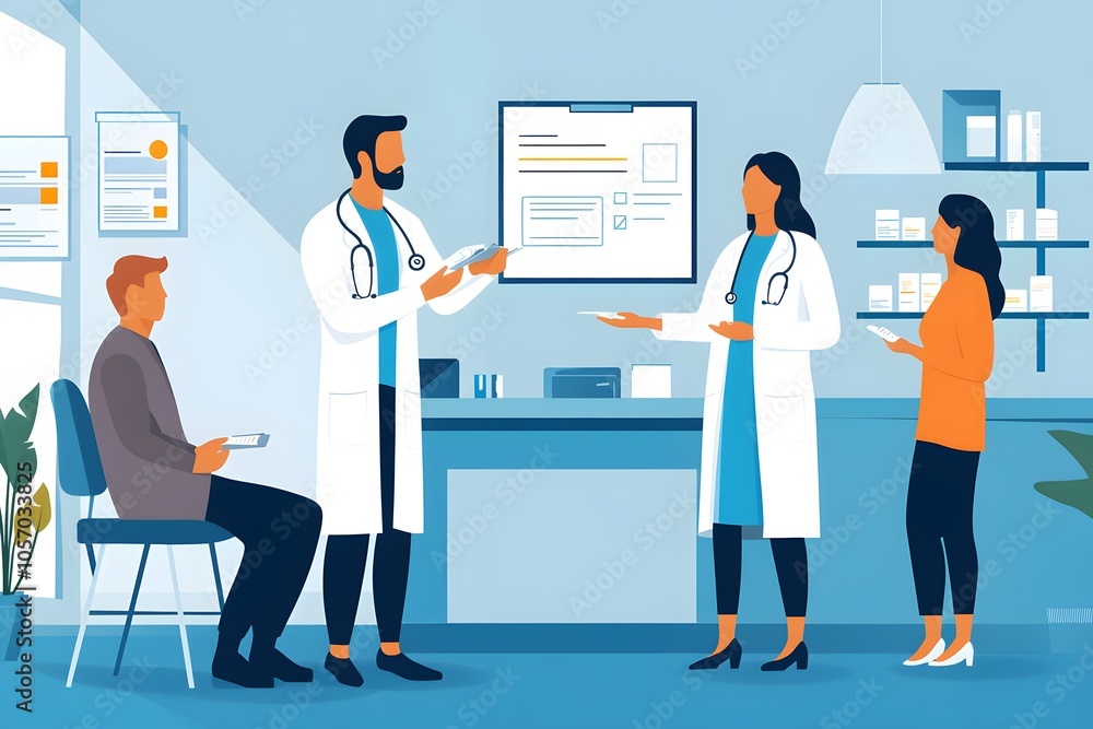 Medical professionals in a clinic setting with a patient Medical professionals in a clinic setting with a patient