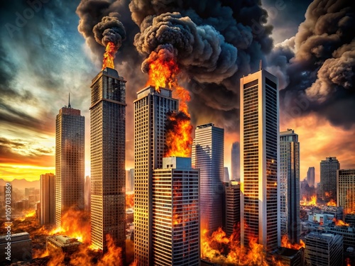 Conceptual Disaster Scene with Burning Buildings and Skyscrapers in High Dynamic Range