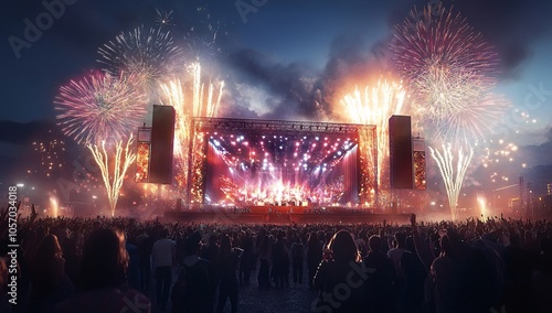 Vibrant music concert with fireworks illuminating the night sky in a bustling urban setting