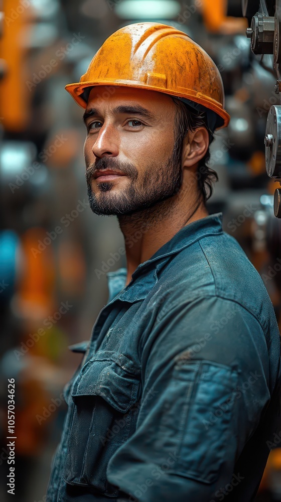 portrait of an industry maintenance engineer in uniform and hard hat confidently surveying the factory floor surrounded by machinery embodying strength and professionalism portrait of an industry maintenance engineer in uniform and hard hat confidently surveying the factory floor surrounded by machinery embodying strength and professionalism