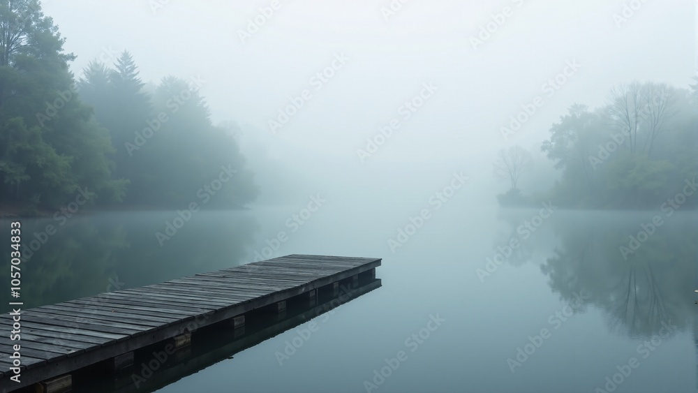 Naklejka premium Serene lake with a small wooden dock under a misty sky