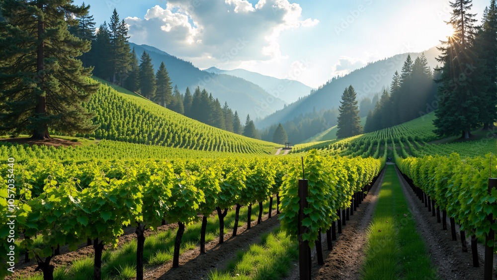 Vineyard in a lush valley surrounded by tall pine trees Vineyard in a lush valley surrounded by tall pine trees