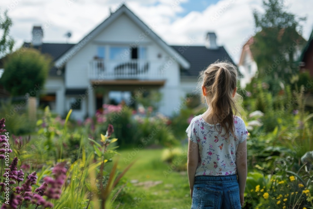 House Sale. Little Girl Holding 'Sold' Sign in Front of New Home House Sale. Little Girl Holding 'Sold' Sign in Front of New Home